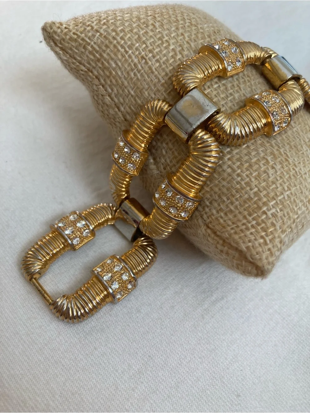Gold Tone and Rhinestones Panel Link Vintage Bracelet
